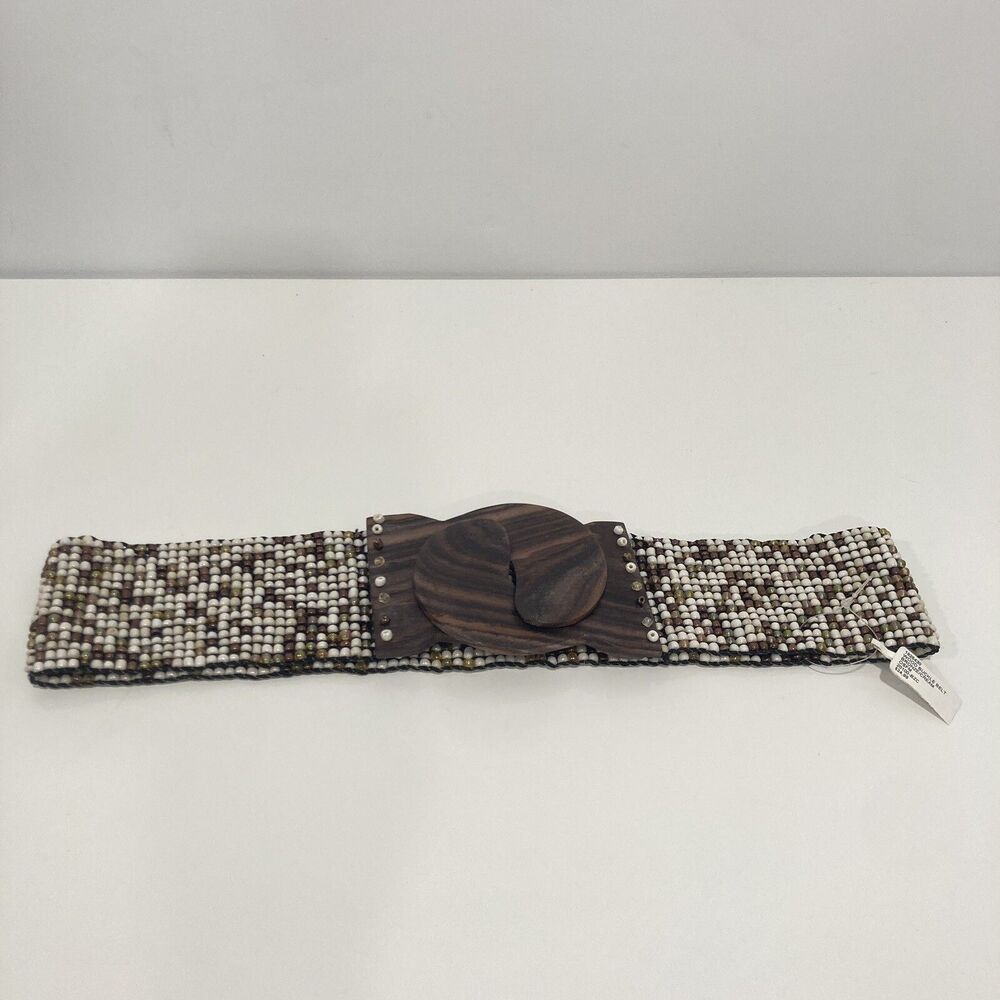 Womens Brown And Cream Fully Beaded Stretch Wooden Clasp Waist Belt One Size NEW